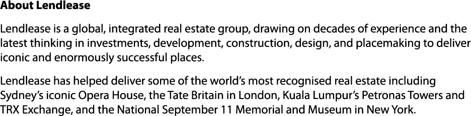 About Lendlease Lendlease is a global, integrated real estate group, drawing on decades of experience and the latest ...