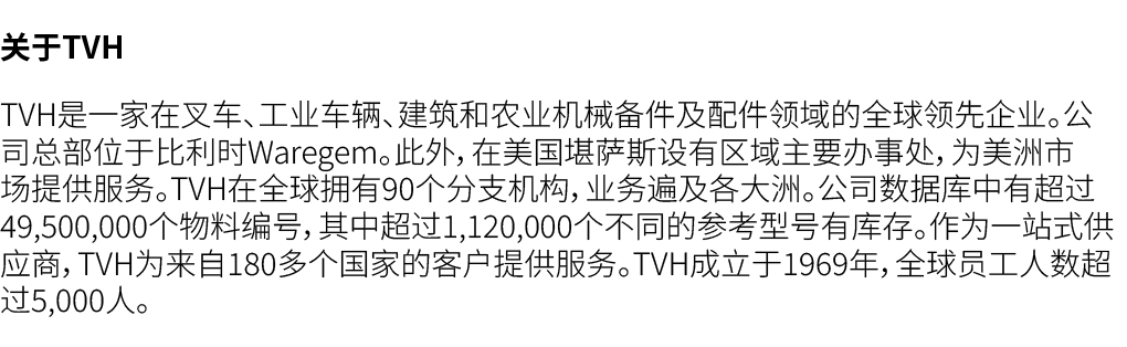 关于TVH TVH是一家在叉车、工业车辆、建筑和农业机械备件及配件领域的全球领先企业。公司总部位于比利时Waregem。此外，在美国堪萨斯设有区域主要办事处，为美洲市场提供服务。TVH在全球拥有90个分支机构，业务遍及各大洲。公司数据...