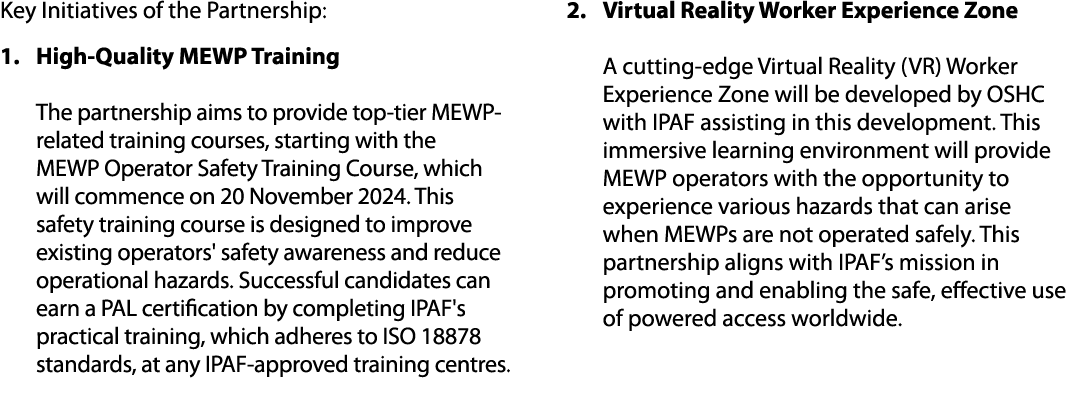 Key Initiatives of the Partnership: 1. High Quality MEWP Training The partnership aims to provide top tier MEWP relat...