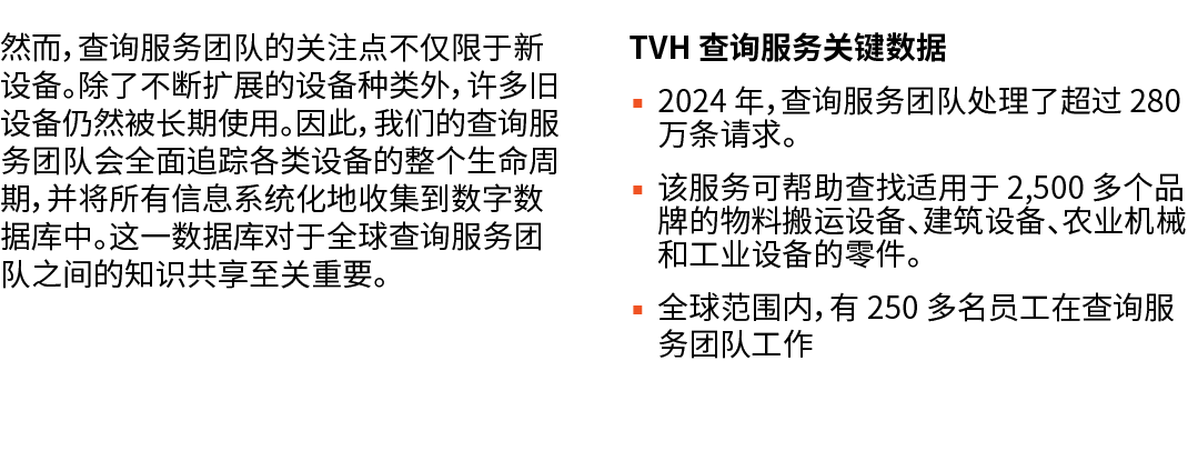 然而，查询服务团队的关注点不仅限于新设备。除了不断扩展的设备种类外，许多旧设备仍然被长期使用。因此，我们的查询服务团队会全面追踪各类设备的整个生命周期，并将所有信息系统化地收集到数字数据库中。这一数据库对于全球查询服务团队之间的知识共...