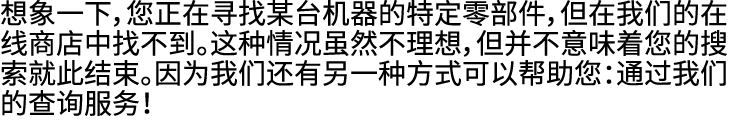想象一下，您正在寻找某台机器的特定零部件，但在我们的在线商店中找不到。这种情况虽然不理想，但并不意味着您的搜索就此结束。因为我们还有另一种方式可以帮助您：通过我们的查询服务！