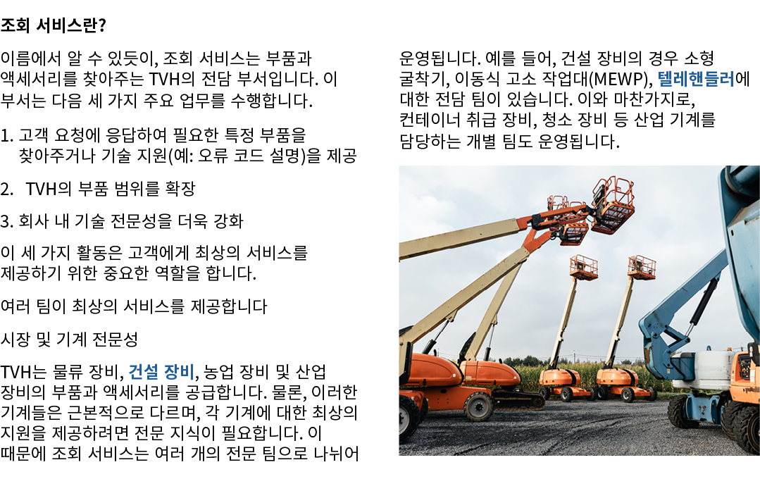 조회 서비스란? 이름에서 알 수 있듯이, 조회 서비스는 부품과 액세서리를 찾아주는 TVH의 전담 부서입니다. 이 부서는 다음 세 가지 주요 업무를 수행합니다. 1. 고객 요청에 응답하여 필요한 특정 부품을 찾아...