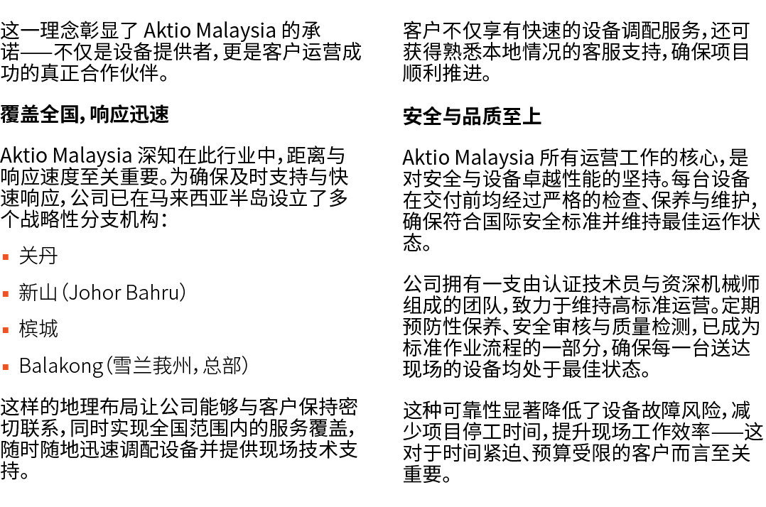 这一理念彰显了 Aktio Malaysia 的承诺——不仅是设备提供者，更是客户运营成功的真正合作伙伴。 覆盖全国，响应迅速 Aktio Malaysia 深知在此行业中，距离与响应速度至关重要。为确保及时支持与快速响应，公司已在马...