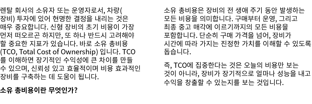 렌탈 회사의 소유자 또는 운영자로서, 차량(장비) 투자에 있어 현명한 결정을 내리는 것은 매우 중요합니다. 신형 장비의 초기 비용이 가장 먼저 떠오르곤 하지만, 또 하나 반드시 고려해야 할 중요한 지표가 있습니...