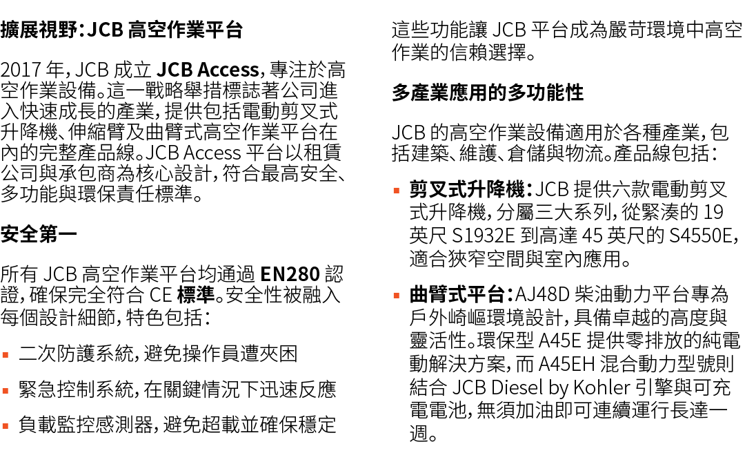 擴展視野：JCB 高空作業平台 2017 年，JCB 成立 JCB Access，專注於高空作業設備。這一戰略舉措標誌著公司進入快速成長的產業，提供包括電動剪叉式升降機、伸縮臂及曲臂式高空作業平台在內的完整產品線。JCB Access...