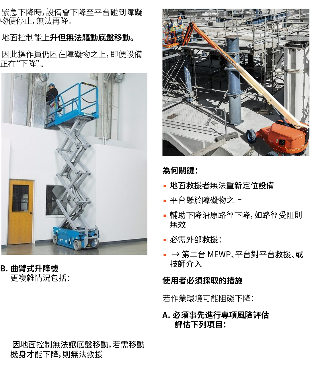 緊急下降時，設備會下降至平台碰到障礙物便停止，無法再降。 地面控制能上升但無法驅動底盤移動。 因此操作員仍困在障礙物之上，即便設備正在“下降”。 ￼ B. 曲臂式升降機 更複雜情況包括： 因地面控制無法讓底盤移動，若需移動機身才能下...