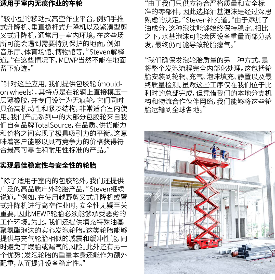 适用于室内无痕作业的车轮 “较小型的移动式高空作业平台，例如手推式升降机、垂直桅杆式升降机以及紧凑型剪叉式升降机，通常用于室内环境，在这些场所可能会遇到需要特别保护的地面，例如音乐厅、体育场馆、博物馆等，”Steven解释道。“在这些...
