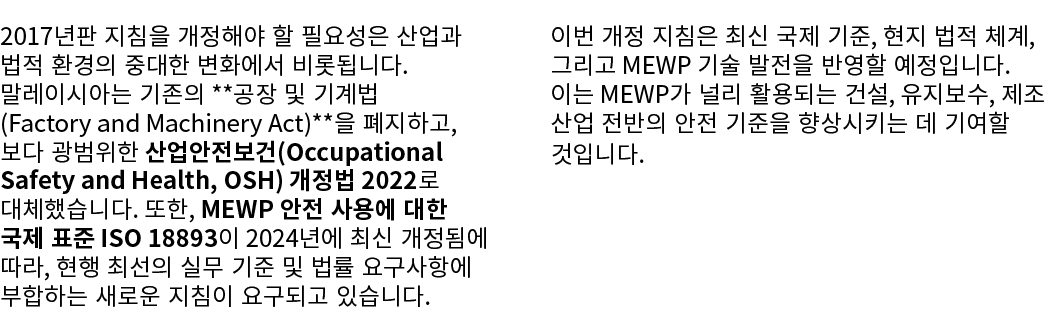 2017년판 지침을 개정해야 할 필요성은 산업과 법적 환경의 중대한 변화에서 비롯됩니다. 말레이시아는 기존의 **공장 및 기계법(Factory and Machinery Act)**을 폐지하고, 보다 광범위한 산...